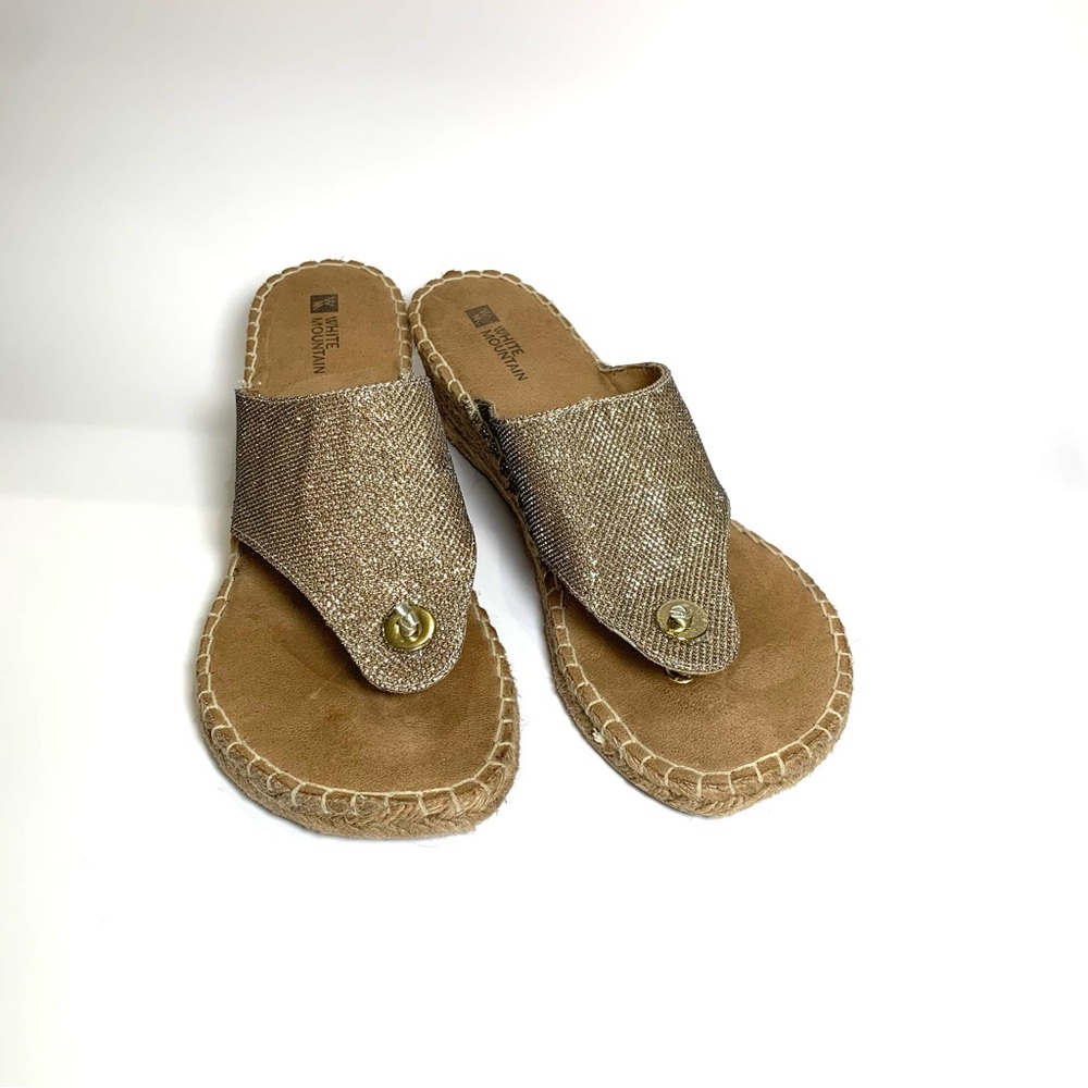 Gold Sparkly Espadrille Wedge Thong Sandal Shimmer Metallic Flip Flop Boho Sz 9